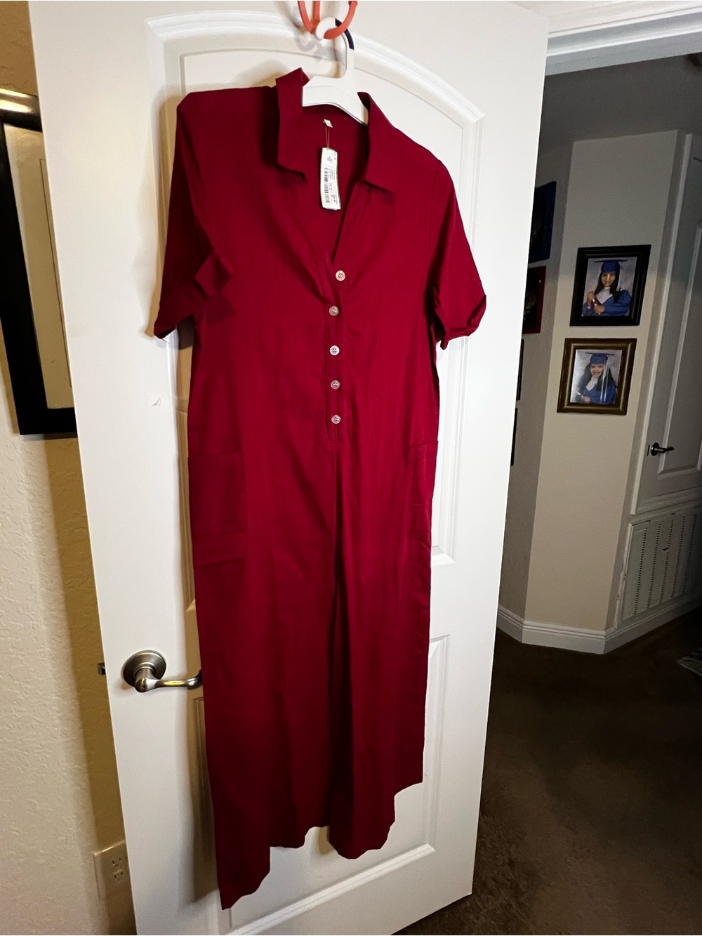 Linen Short-Sleeve Button Jumpsuit in Burgundy